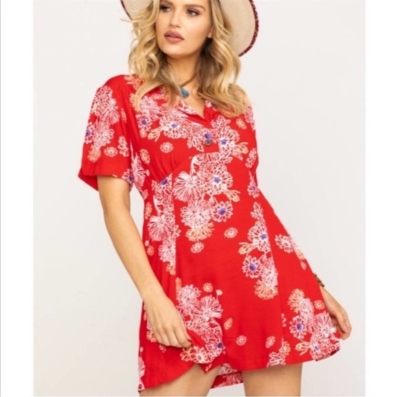 Free People Dresses & Skirts - Free People Blue Hawaii Red Floral Retro Mini Dress